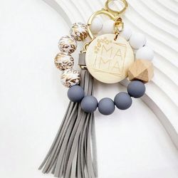 High quality Wooden Bead & Pu Leather Ball & Fringe Charm Bracelet And Keychain