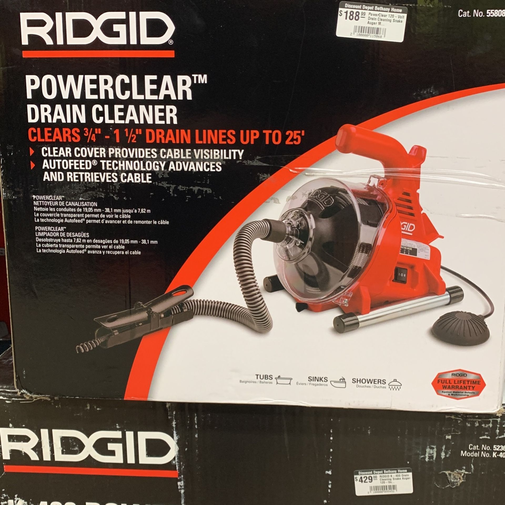 RIDGID PowerClear 120-Volt Drain Cleaning Snake Auger Machine for Heavy Duty Pipe Cleaning for Tubs, Showers, and Sinks