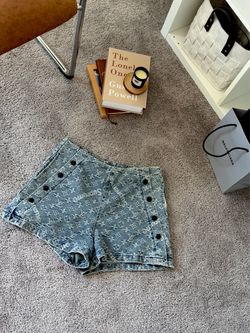 Monogram Print Denim High Waist Shorts Double Breasted Button Detail Jean Shorts