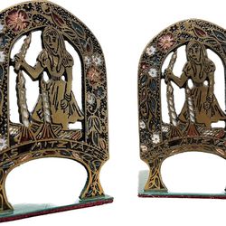 girl & the candles, vintage Brass + Enamel BAS MITZVAH Bookends, made in Israel - Judaica, birthday gift, library, bookshelf, book lover