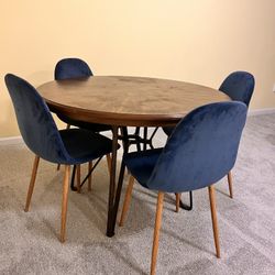 Round Dining Table and 4 Blue Velvet Chairs