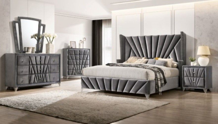 Brand New Grey Upscale 4pc Queen Bedroom Set (Available In Eastern King)