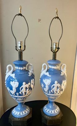 Pair of vintage ceramic lamps with classical raised areas and swan neck handles excellent condition