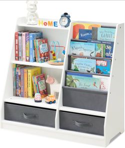 Kids Bookshelf, 4 Tier, Modern Style, Unisex, White, Wooden & Cotton, Sling Book Rack, Extra Storage