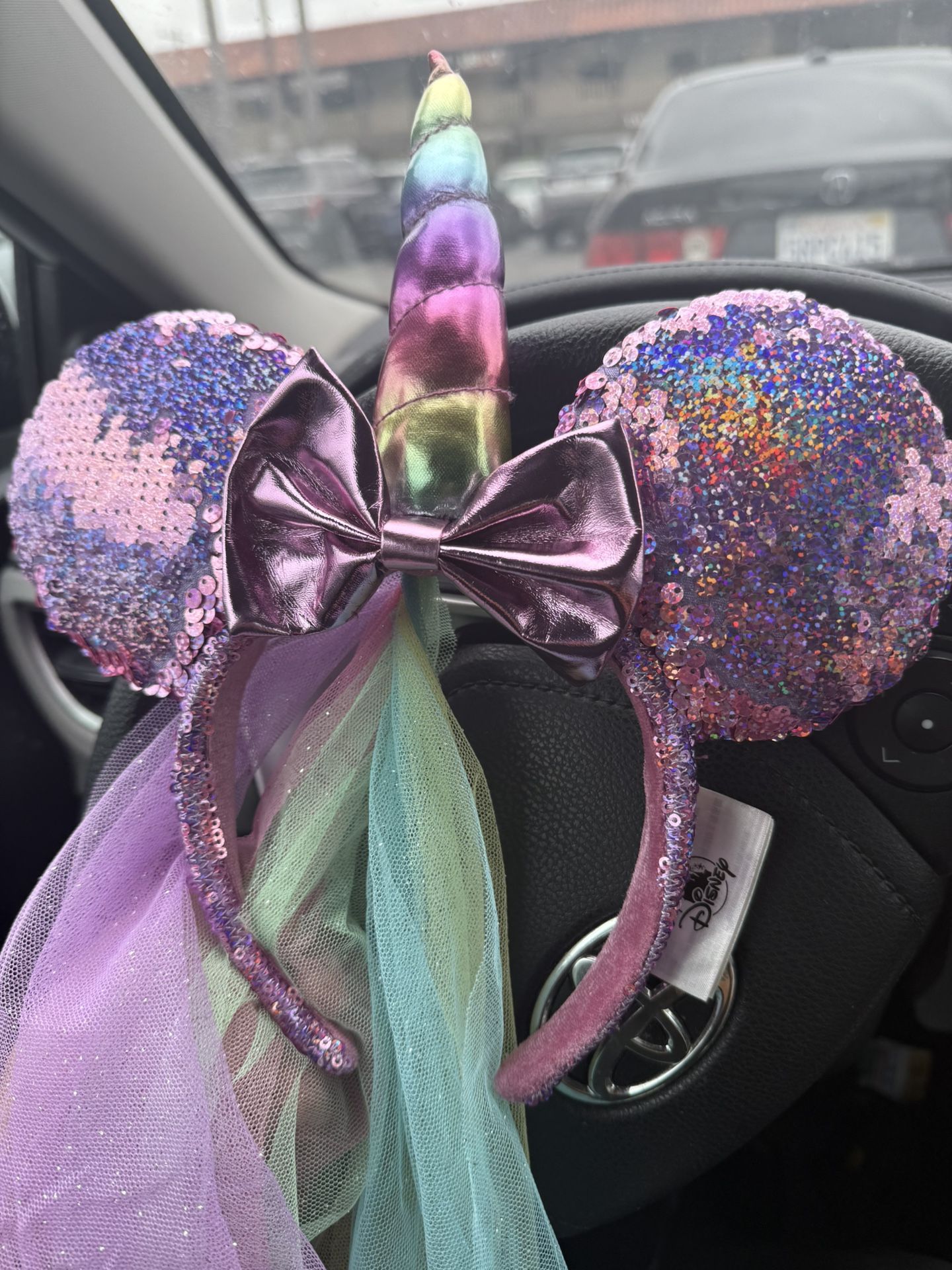 Disney Parks Minnie Mouse Ears Pink Purple Sequin Unicorn Rainbow Veil Headband