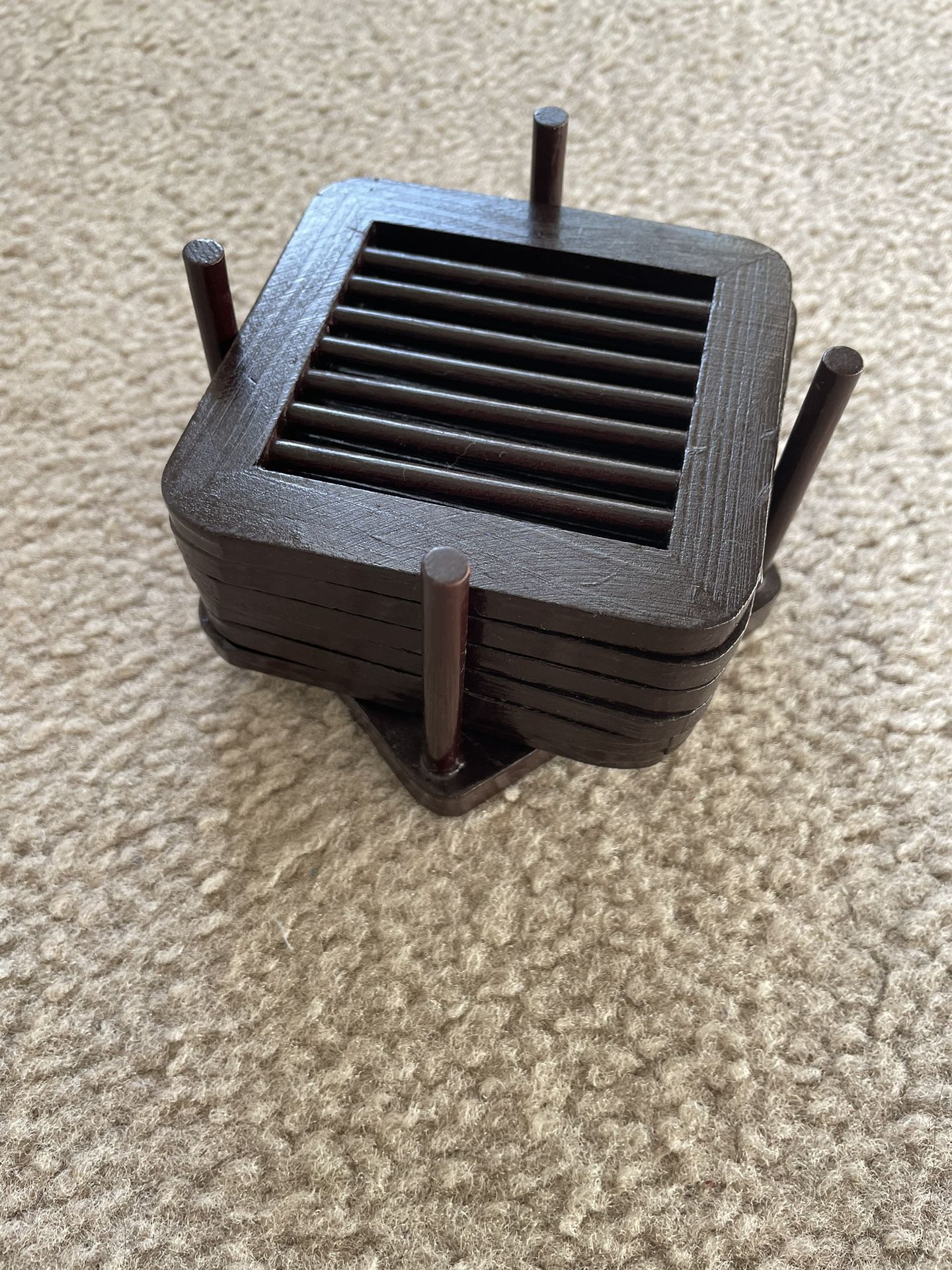 Elegant Set Of 6 Coasters + Holder - 4”x 4 Inch - Dark Brown