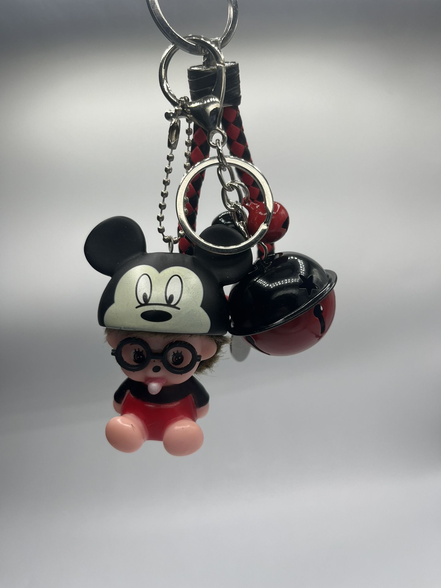 Character Keychain with Bells, Mickey Mouse Design, Black and Red