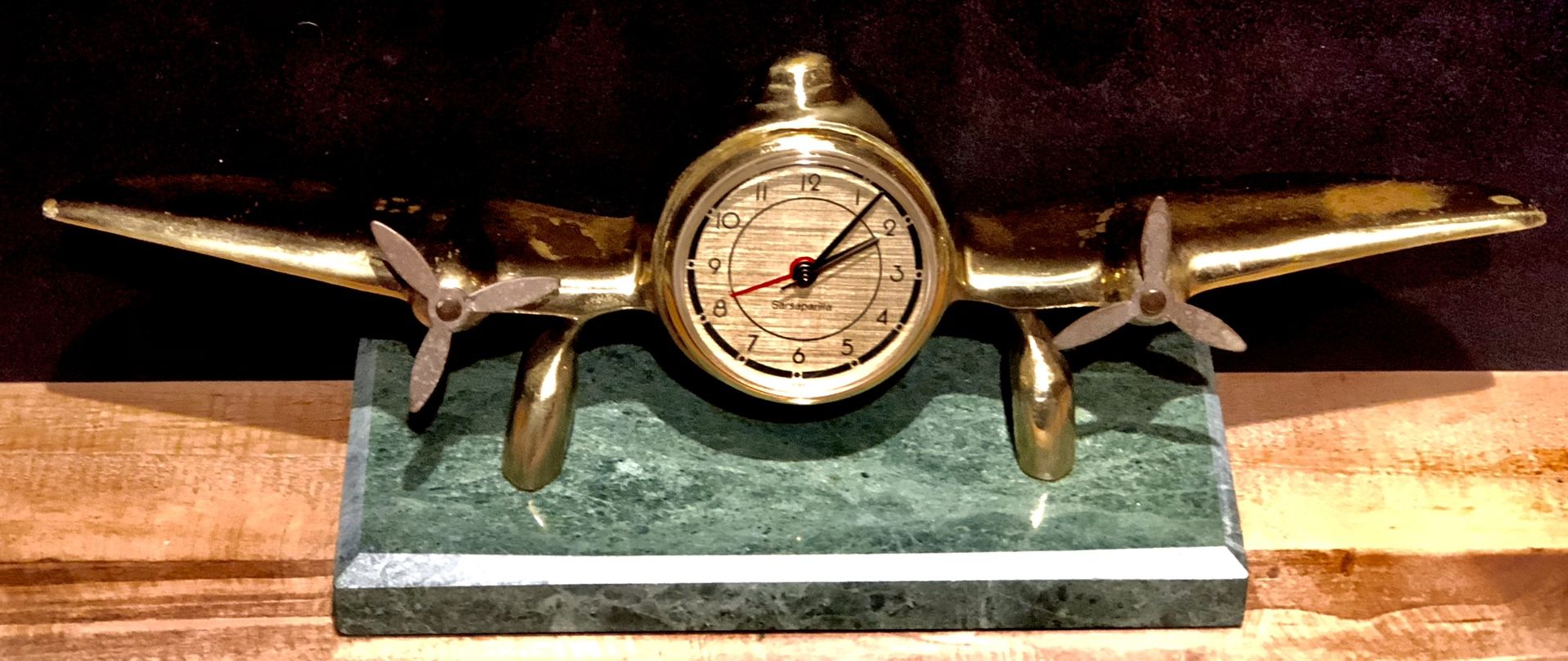 Vintage SARSAPARILLA Art Deco SOLID BRASS & MARBLE AIRPLANE DESK CLOCK 1983