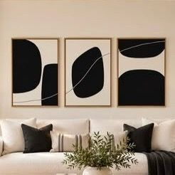 Set of Three Black & White Abstract Art Prints on Canvas in Brown Faux Wood Floating Frames