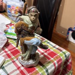 10" China Pottery Porcelain Monkey King Sun Wukong Peach Buddhism Buddha Statue
