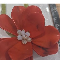 Flower Pendant Beaded Necklace Red Green Adjustable Lobster Clasp 18in