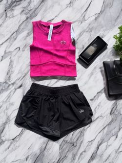 Alo Yoga Workout Set - Pink Tank and Black Shorts