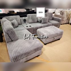 Corduroy Sectional sofa Gray Media console and USB 