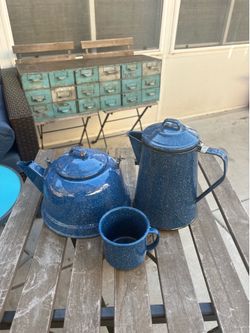 Vintage Blue enamel kettle pitcher & 2 cups