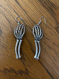 Spooky Goth Silver Toned Skeleton Hands Dangle Earrings