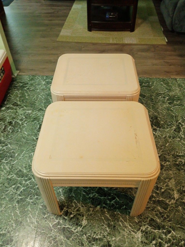 Two Whitewashed End Tables Solid Wood
