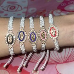 The Virgin Mary | Guadalupe | Adjustable Mexican Bracelet : White +Gold