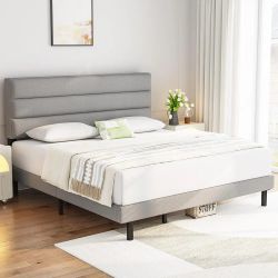 IYEE NATURE Queen Bedframe with Headboard,Sturdy Platform Bed with Wooden Slats Support,No Box Spring,Mattress Foundation,Easy Assembly,Grey