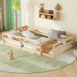 Floor Bed, Montessori Floor Bed with Fence, Kids Montessori Bed Twin And Full Size, Wood Montessori Floor Bed for Kids, Girls, Boys