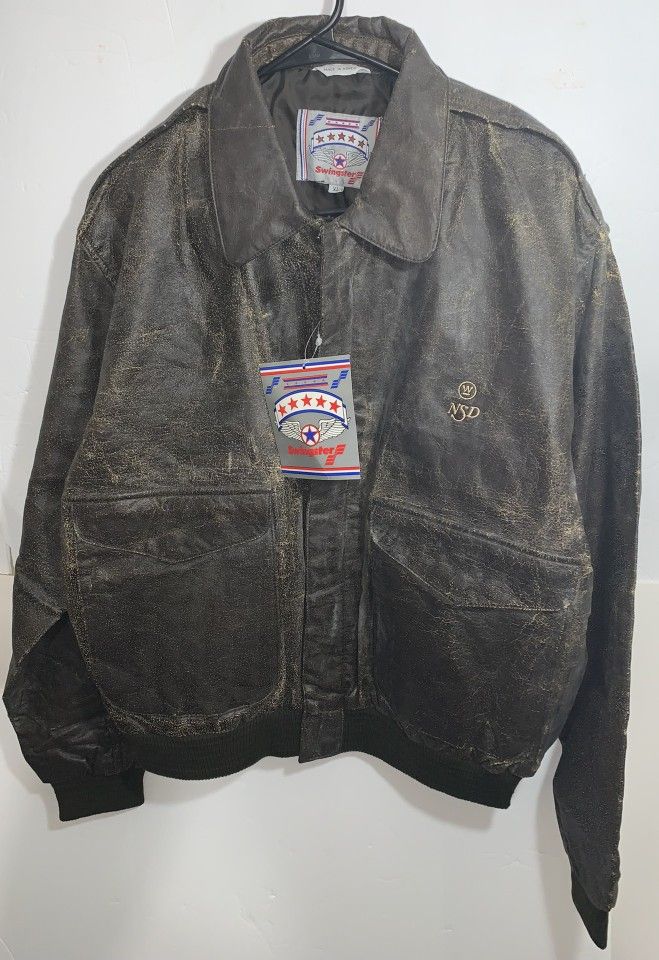 Vintage Swingster Mens XL "The Squadron" Brown Faux Leather Flight Bomber Jacket