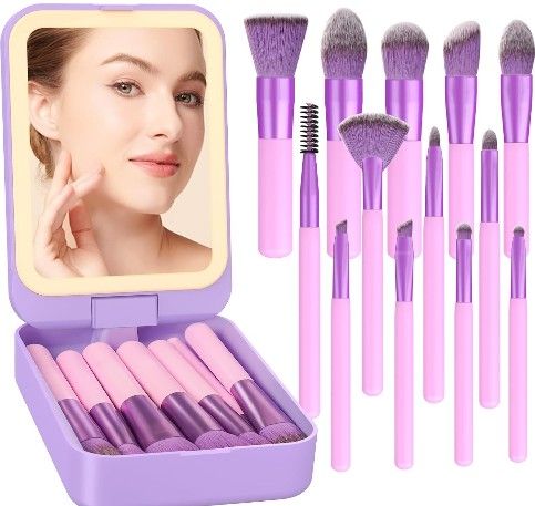 Women-Travel Makeup Brush Set with LED Light Mirror