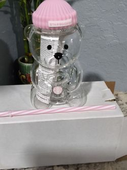 Starbucks Bear Glass Cup with Pink Lid and Straw