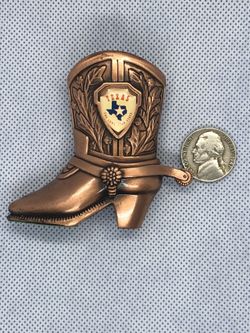 Vintage solid copper cowboyBoot with Spurs Paperweight Pencil Holder 