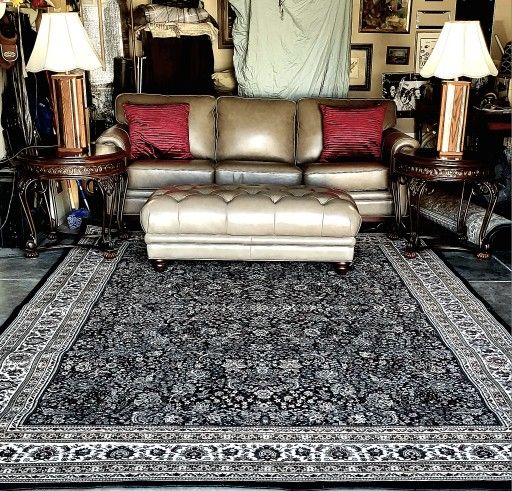 Sofa & Ottoman. Leather. Great Condition. Carpet Brown 8'x12'. Two End Tables. Two Lamps. Two Pillows. Can Deliver 10 Miles of Tulare.