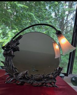 Vintage Art Nouveau Bronze Tiffany Studios Style Mirror with Pearl  Lily Lamp