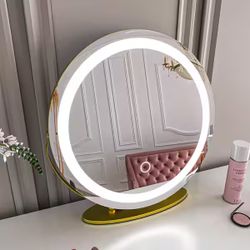 19 in. W x 19 in. H Round 3-Color-LED Touch Screen, Makeup Dimmable Lighted Mirror for Tabletop in Gold Frame