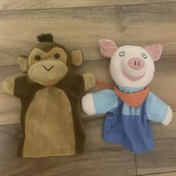 Puppets Story Time Monkey and Piggy Soft Plush Hand Puppets Lot X2 Gently Owned