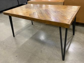 Industrial Style Dining Table with Herringbone Top and Metal V-Shaped Legs