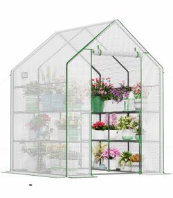 Walk in Greenhouses, 57 x 57 x 76 inch Green House, Greenhouse for Outdoors with Durable PE Cover, Portable Greenhouse with Shelves Stands,White