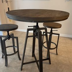 Industrial Adjustable Height Pub Table Set with 2 Bar Stools