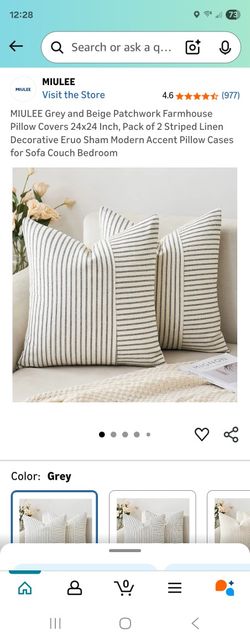 Farmhouse Pillow Covers 24x24, Modern Accent Square Throw Pillow Covers Set of 2, Gray and Beige Striped Patchwork Linen Decorative Pillows Cushion Co