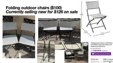 Outdoor black and white chairs (2 for $100), Green Accent Chair ($65) or $140 for all 3