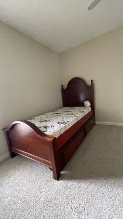 Solid Wood Twin Bed with Trundle and mattress