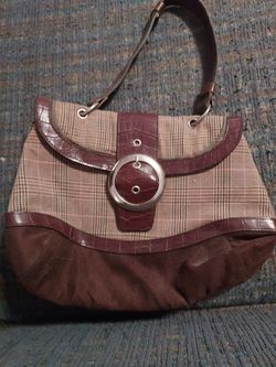 Brown Plaid Fabric and Leather Handbag