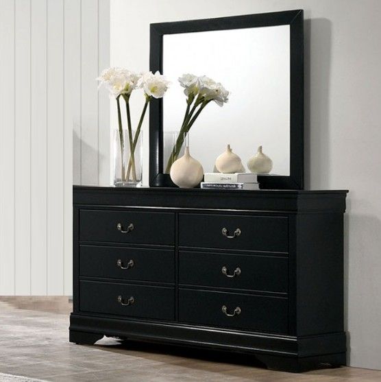 Louis Philippe Black Finish Wood BedRoom Dresser With Mirror