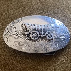 Vintage Original Not A Replica Silver Tone Western Cowboys Settlers covered wagon ornate belt buckle