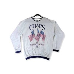 90s VTG White Chaps Ralph Lauren Logo American Flag Sweatshirt-NWT -Men's Large 