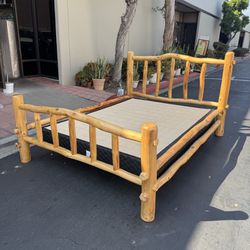 Queen Size Aspen Salvage Log Natural Wood Bed with Metal Frame and Box Spring Very Good Condition