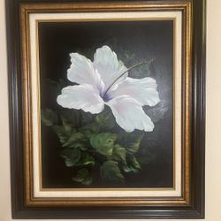 Framed Hand-Painted Acrylic Floral – White Flower on Dark Background, 23×27