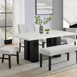 FAUX MARBLE DINING TABLE WITH CHAIRS AND BENCH 