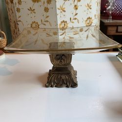 Vintage Hollywood Regency Footed Brass Glass Dish Compote Gilded