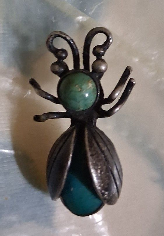 Vintage Navajo Maisel's Sterling Silver Harvey Turquoise Insect Bug Brooch Pin