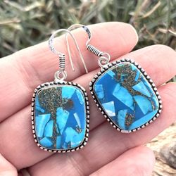 Handcrafted Copper Turquoise Mosaic 925 Silver 2” Earrings-AE55584