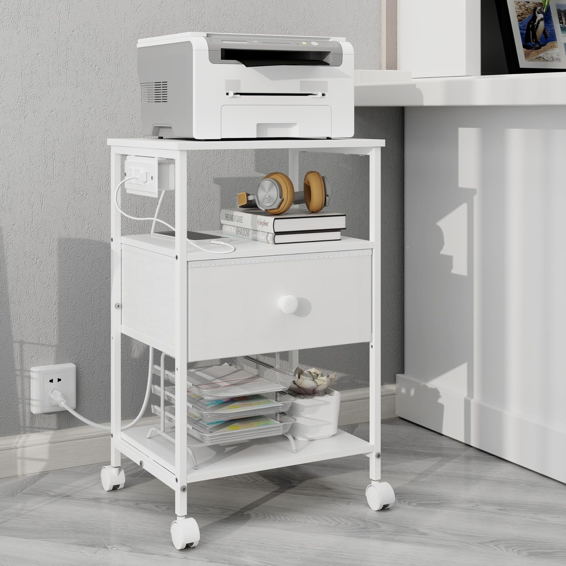 3 Tier Printer Stand w/ Charging Station USB Port Table Storage Fabric Drawer Adjustable Shelf White Office