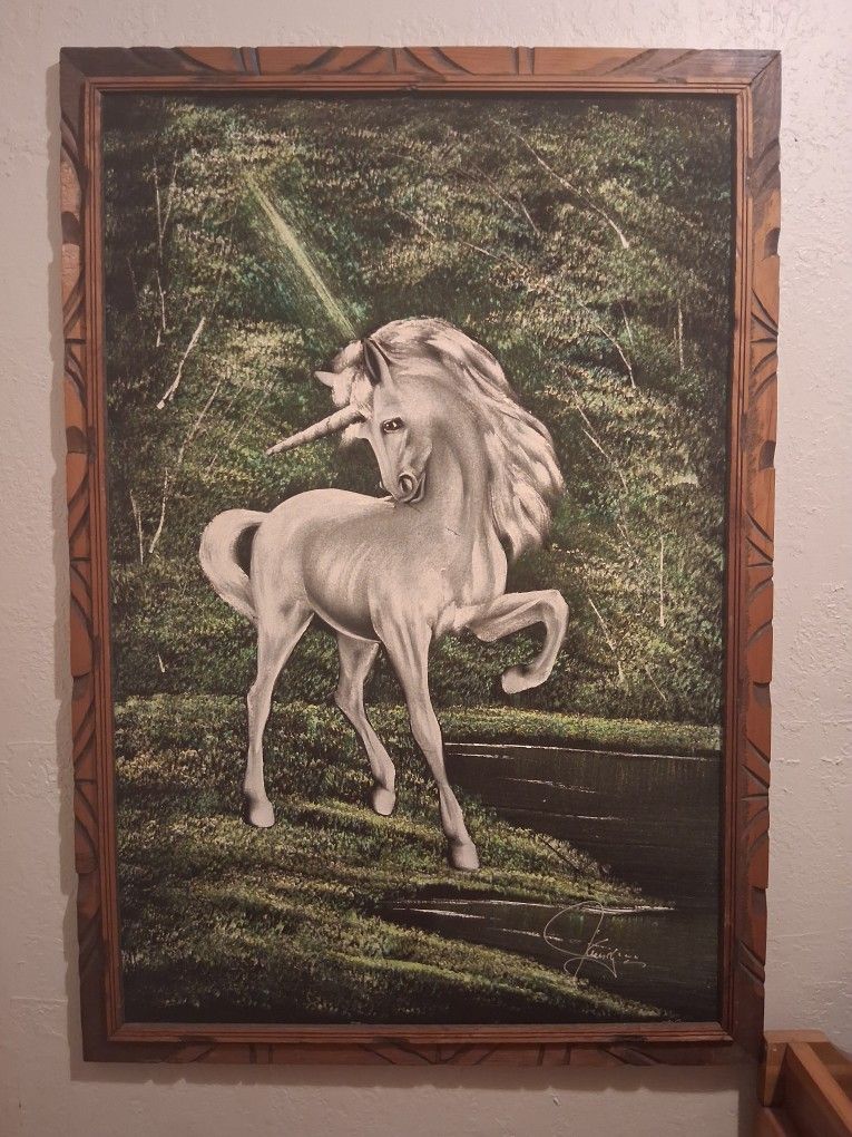Vintage Velvet Unicorn Signed Painting with Carved Wooden Frame