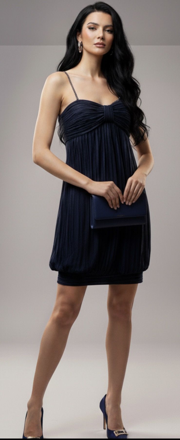 Elegant Navy Blue 💙Pleated Mini Dress – Size L